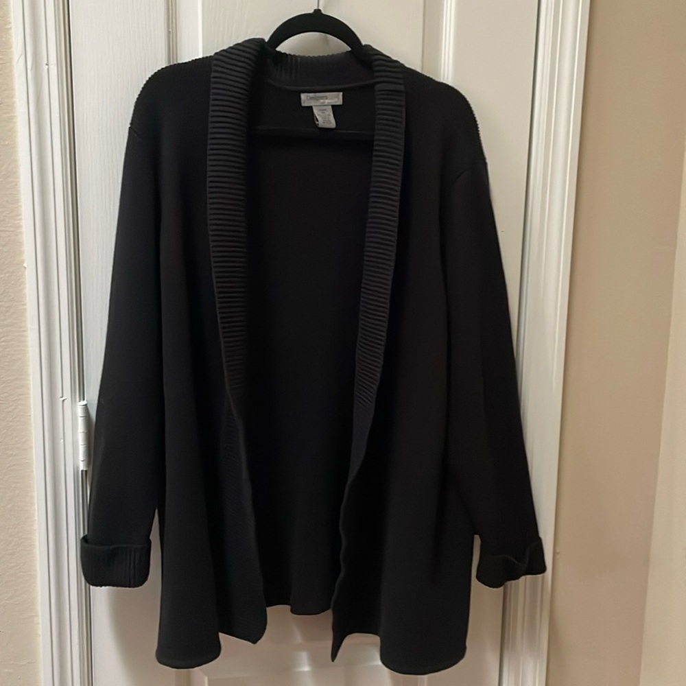 Black shawl collared mid-length sweater. New without tags